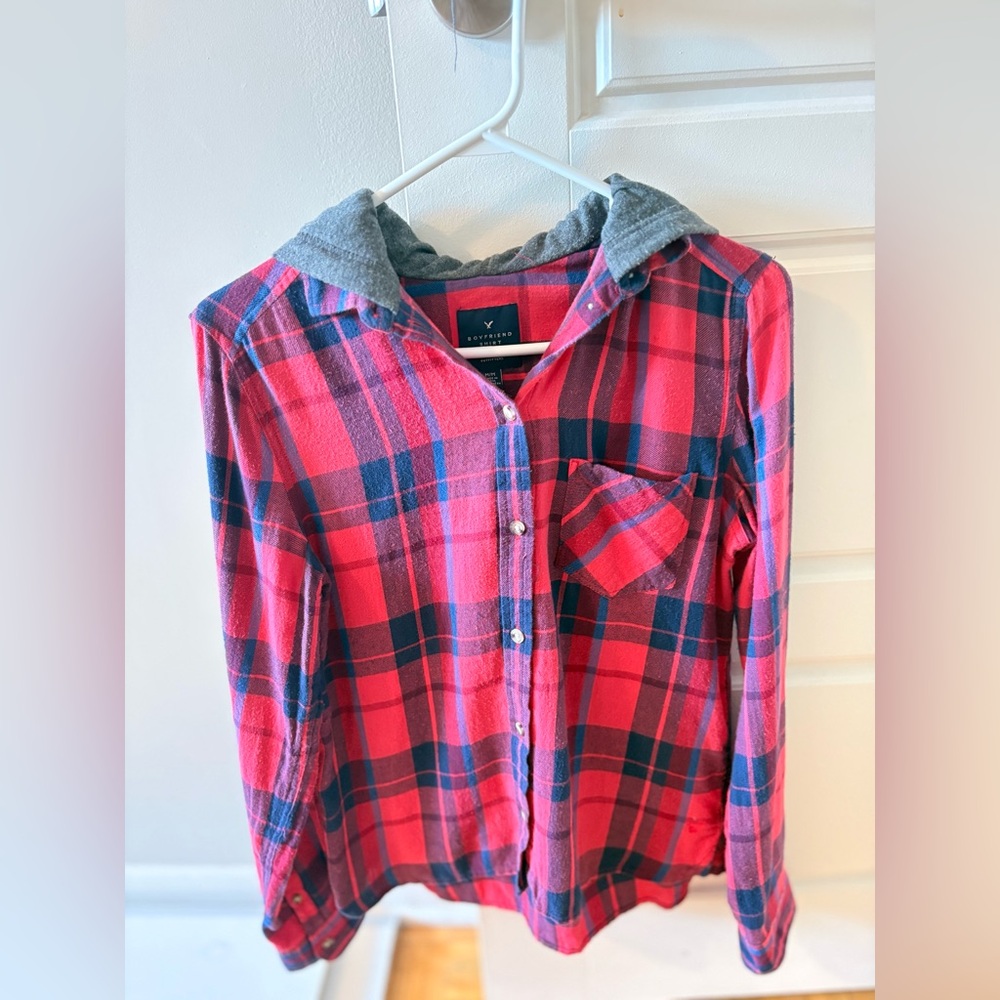 American Eagle Outfitters Red and Blue Plaid Shirt with Hoodie- Medium Size-